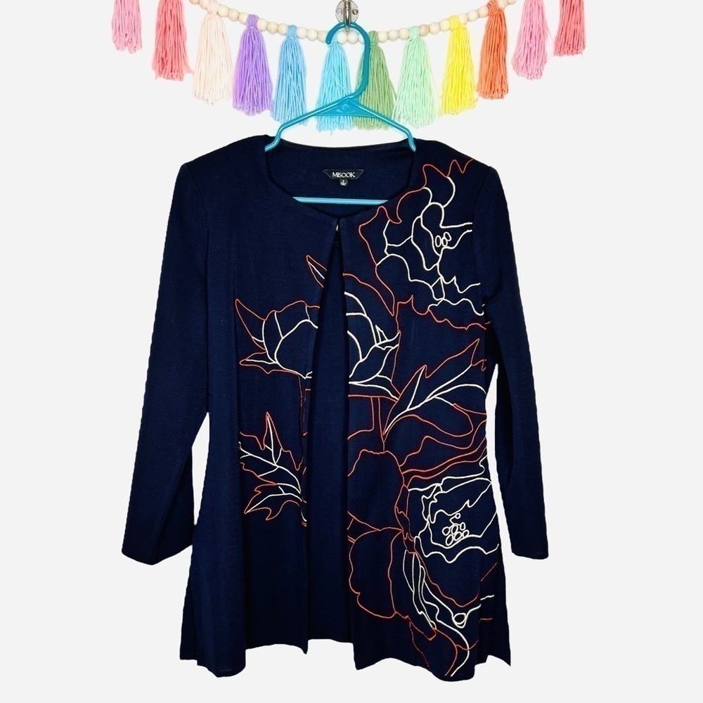 Vintage Misook Navy Blue Embroidered Abstract Floral 3/4 Sleeve Cardigan Blazer